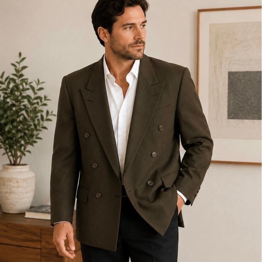 Carlo Mandrone 40R Double Breasted Pure Virgin Wool Blazer Brown Canada